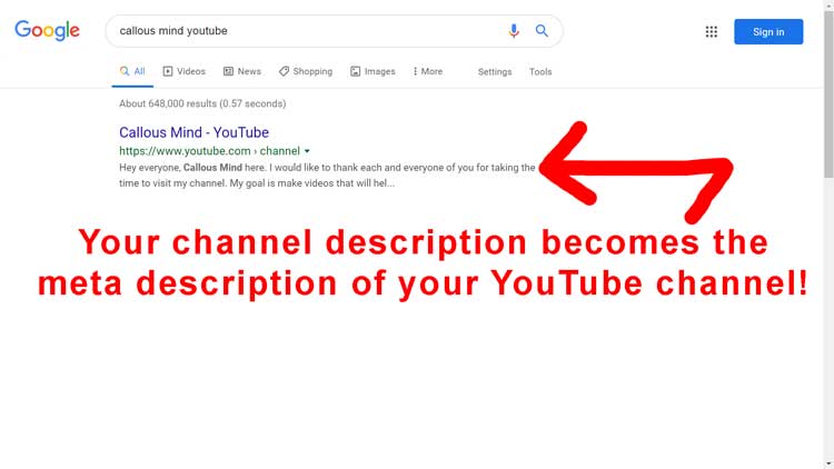 your YouTube channel meta description is generated by using the channel description